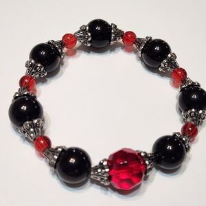 Hand Crafted Black and Red Beaded Bracelet Stretch Chunky
